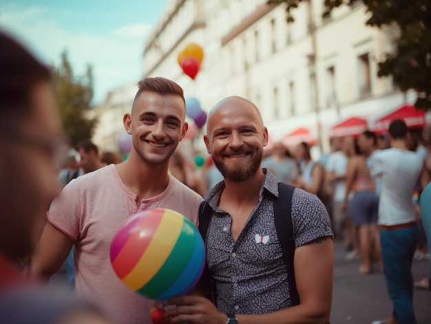Pareja gay mostrando amor en el desfile del orgullo LGBT Concepto de derechos LGBT generado por IA