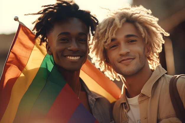 Pareja gay multiétnica sosteniendo banderas del arco iris en evento de orgullo