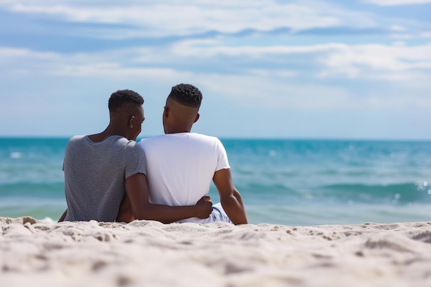 Una pareja gay negra sentada juntos en la playa.