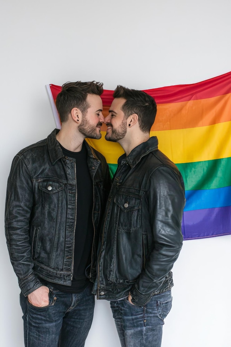 Foto una pareja gay de pie frente a una bandera del orgullo lgbtq en un estudio