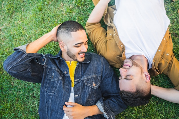 Pareja gay que se establecen en el césped en el parque