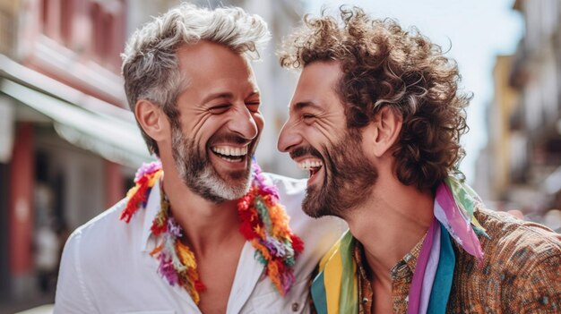 Una pareja gay sonriendo y celebrando su amor.