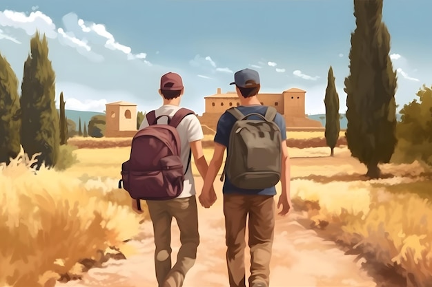 Pareja gay viajando a pie con mochilas de la mano en un día soleado de verano Red neuronal generada en mayo de 2023 No basada en ninguna escena o patrón de persona real