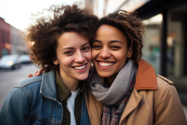 pareja genial expresión feliz al aire libre en una ciudad generada por ai