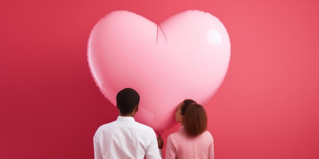 una pareja con un globo de corazón en un fondo rosa