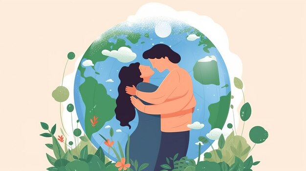 Foto pareja con globo mujer joven y hombre abraza el planeta tierra ai generado