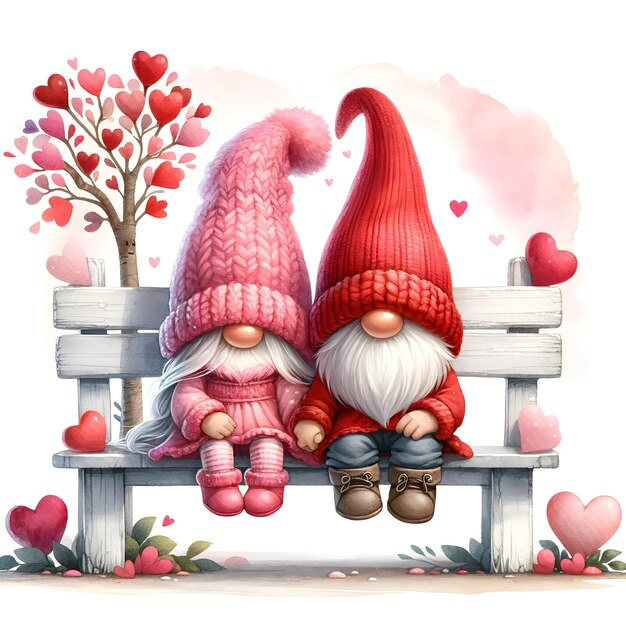 La pareja de gnomos del día de San Valentín en la ilustración del banco de madera