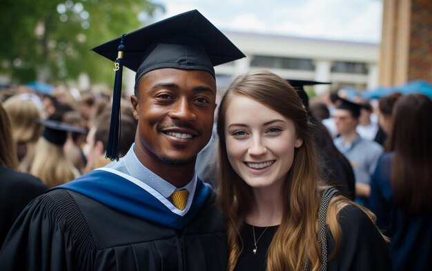 Foto una pareja de graduados vestido de estudiante negro y gorra