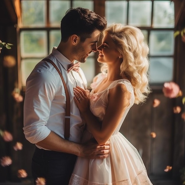 Una pareja en un granero con flores al fondo.