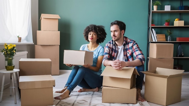 Pareja con la habitación llena de cajas