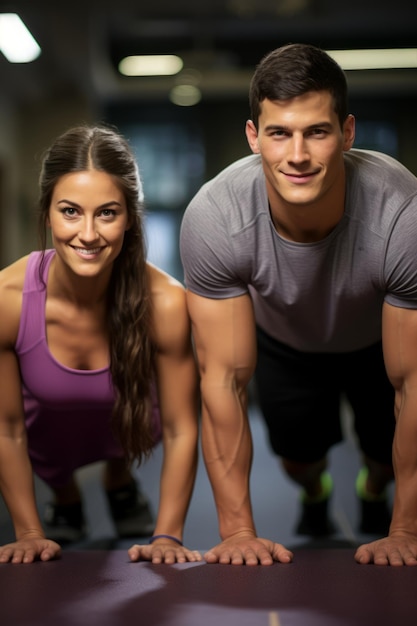 Una pareja haciendo flexiones juntos en el gimnasio