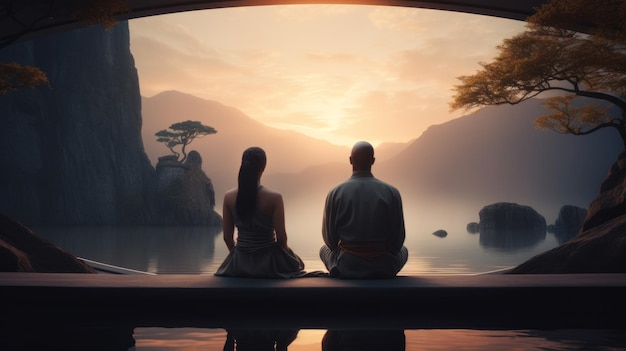 Una pareja haciendo meditación en una toma cinematográfica de vibración zen del futuro moderno