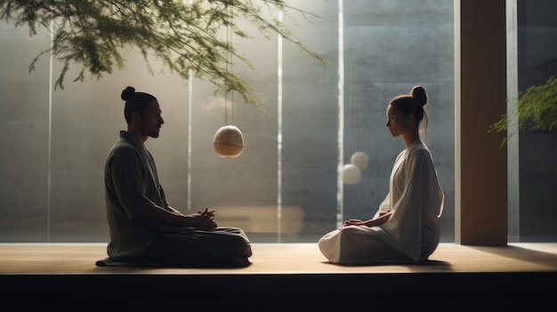 Una pareja haciendo meditación en una toma cinematográfica de vibración zen del futuro moderno