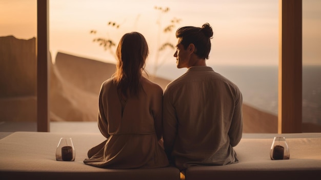 una pareja haciendo meditación en una vibración zen del futuro moderno