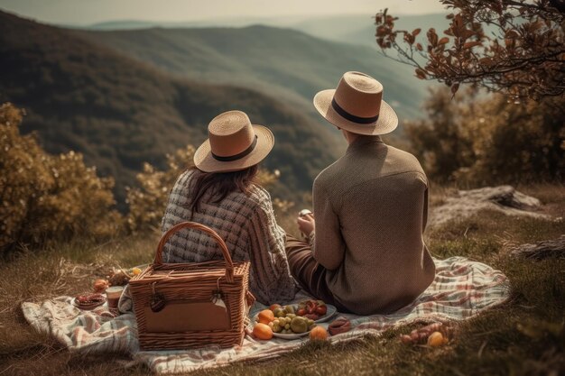 Una pareja haciendo un picnic en el césped Creado con herramientas generativas de IA