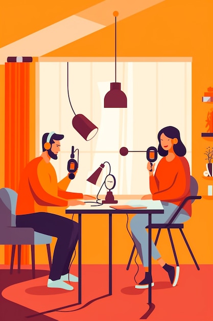 Una pareja haciendo un podcast en la comodidad de su hogar