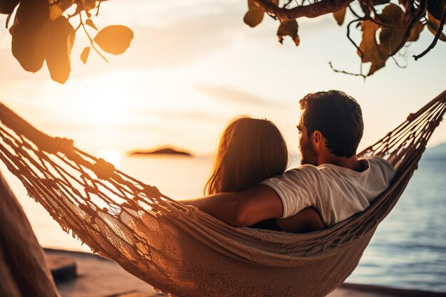 Foto una pareja en una hamaca con una puesta de sol en el fondo