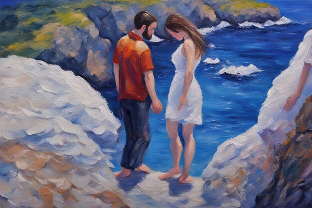 pareja heterosexual caminando de la mano en la playa romántica ilustración de pintura de san valentín