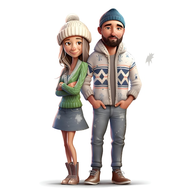 Pareja hipster en ropa de invierno aislado sobre fondo blanco.