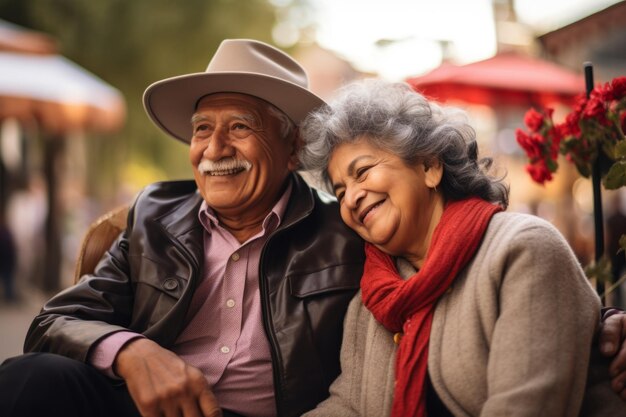 Una pareja hispana anciana disfrutando al aire libre de su amor palpable que refleja a un latinoamericano