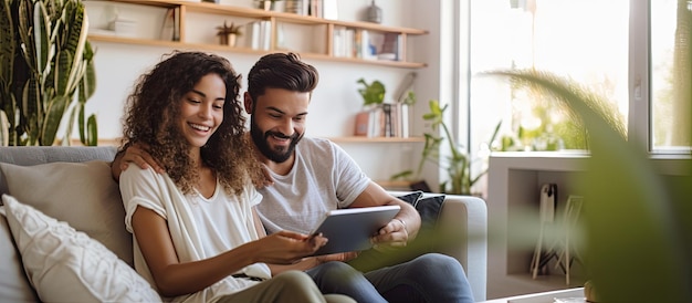 Pareja hispana en el sofá en casa usando tableta para Internet y redes sociales Chica masajeando a su novio Copiar espacio disponible