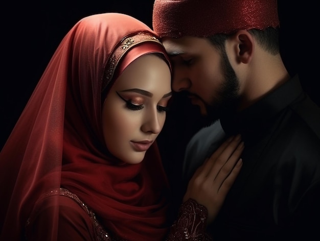 Una pareja con un hiyab rojo se abraza con la palabra amor en el frente.