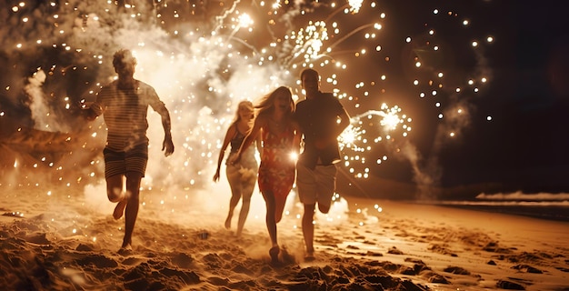 una pareja y un hombre están caminando por la playa con fuegos artificiales en el fondo