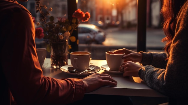 pareja de hombre y mujer jóvenes tomando café