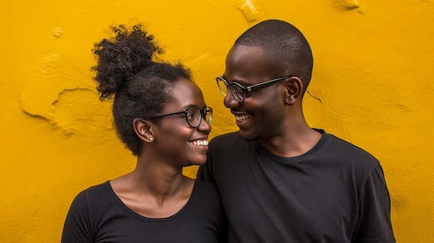 pareja de hombre y mujer negros con ropa negra y gafas sobre un fondo amarillo