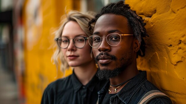 pareja de hombre y mujer con ropa negra y gafas sobre un fondo amarillo