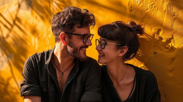 pareja de hombre y mujer con ropa negra y gafas sobre un fondo amarillo