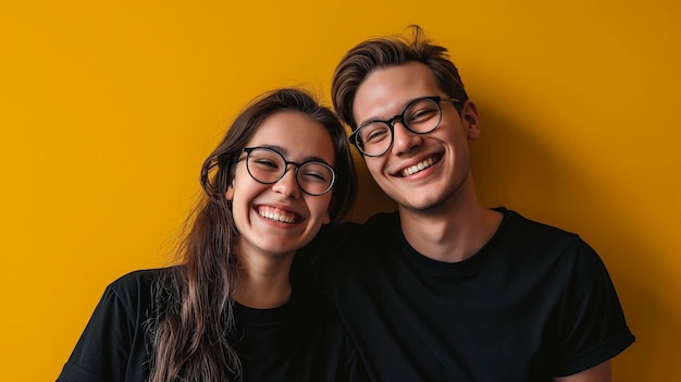 pareja de hombre y mujer con ropa negra y gafas sobre un fondo amarillo