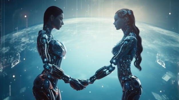 Una pareja de hombre y robot se toman de la mano en el espacio, el fondo del cielo, la imaginación del amor, la pasión, la fantasía entre el humano y la IA.