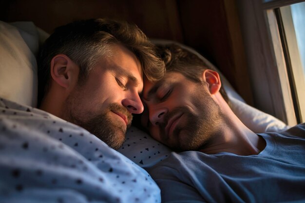 Una pareja de hombres enamorados se ven acostados uno al lado del otro en la cama