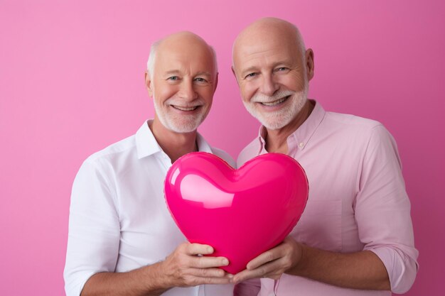 Una pareja de hombres homosexuales de más de 50 años sostienen globos en forma de corazón