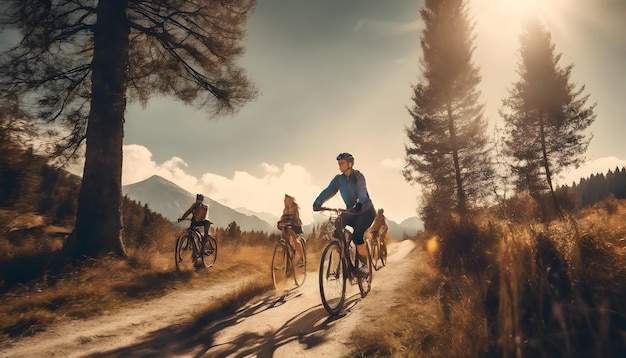 Una pareja de hombres y mujeres montando bicicletas en las montañas con la luz del atardecer