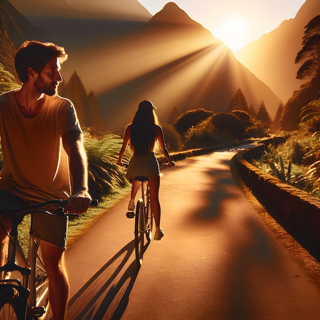 Foto una pareja de hombres y mujeres montando bicicletas en las montañas con la luz del atardecer