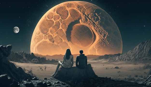 Pareja de hombres y mujeres se sientan en la luna arte generado por ai