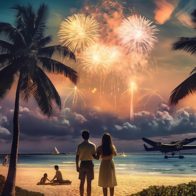 Una pareja de hombres y mujeres viendo coloridos fuegos artificiales en la playa para celebrar las vacaciones o feliz año nuevo