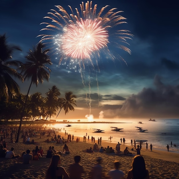 Una pareja de hombres y mujeres viendo coloridos fuegos artificiales en la playa para celebrar las vacaciones o feliz año nuevo