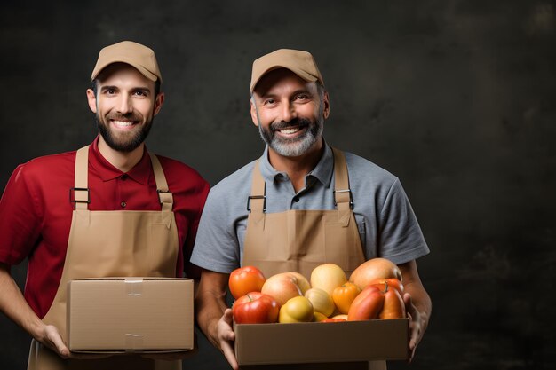 Una pareja de hombres de pie uno al lado del otro sosteniendo cajas de frutas IA generativa