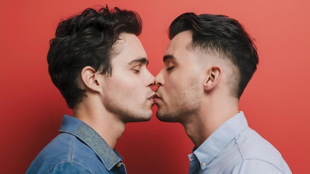 Foto una pareja homosexual besándose con los ojos cerrados.