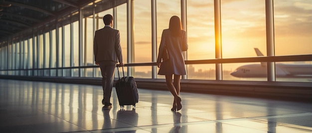 una pareja en un hotel con una puesta de sol en el fondo