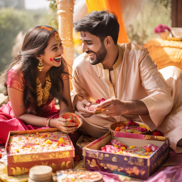 Una pareja india comiendo dulces y sonriéndose el uno al otro durante el festival de Diwali