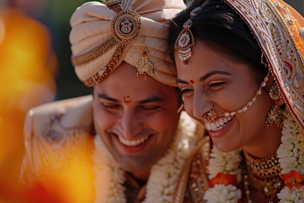 Foto una pareja india extasiada durante una boda tradicional riendo juntos ai generativo