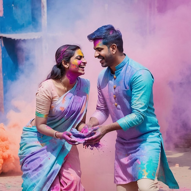 Una pareja india jugando con colorido polvo de color o gulal celebrando el festival de Holi en el parque al aire libre