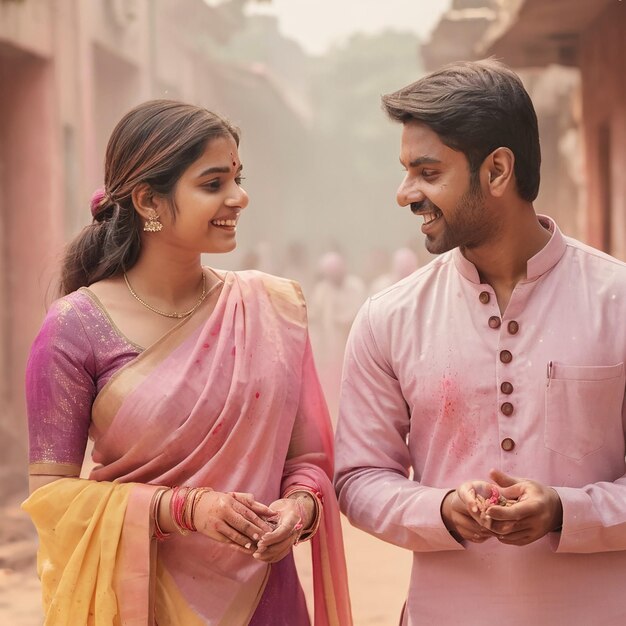 Foto una pareja india jugando con colorido polvo de color o gulal celebrando el festival de holi en el parque al aire libre