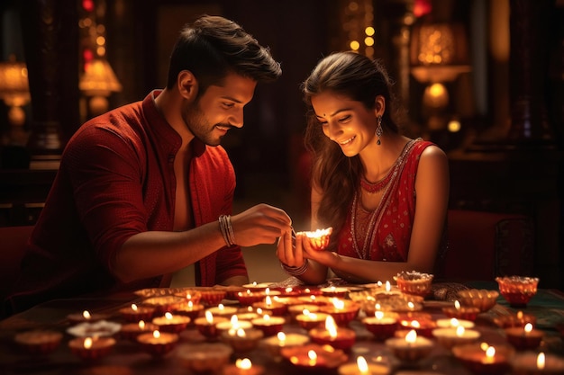 Una pareja india sosteniendo diya juntos en el festival de Diwali