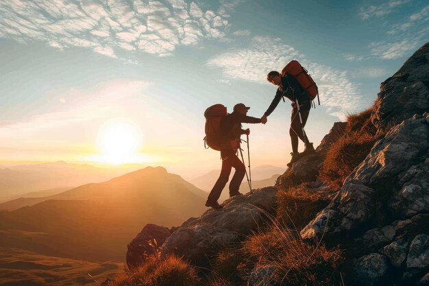 Una pareja de individuos de pie triunfalmente en la cima de una montaña disfrutando de la impresionante vista un excursionista impulsando a su amigo para conquistar la montaña generada por la IA