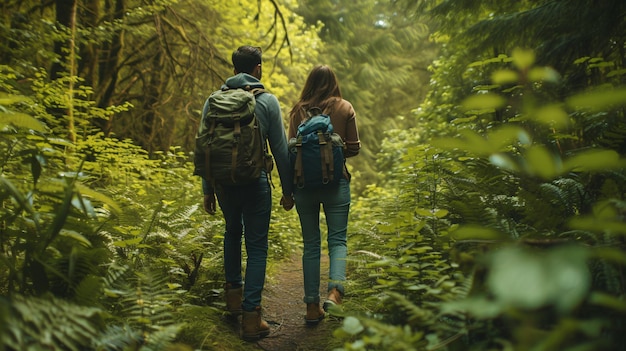 Una pareja inmersa en la belleza de la naturaleza aventurándose en lo profundo de un bosque verde sus risas ecoando a través de árboles altísimos cada paso conduce a extraordinarias aventuras compartidas y finales